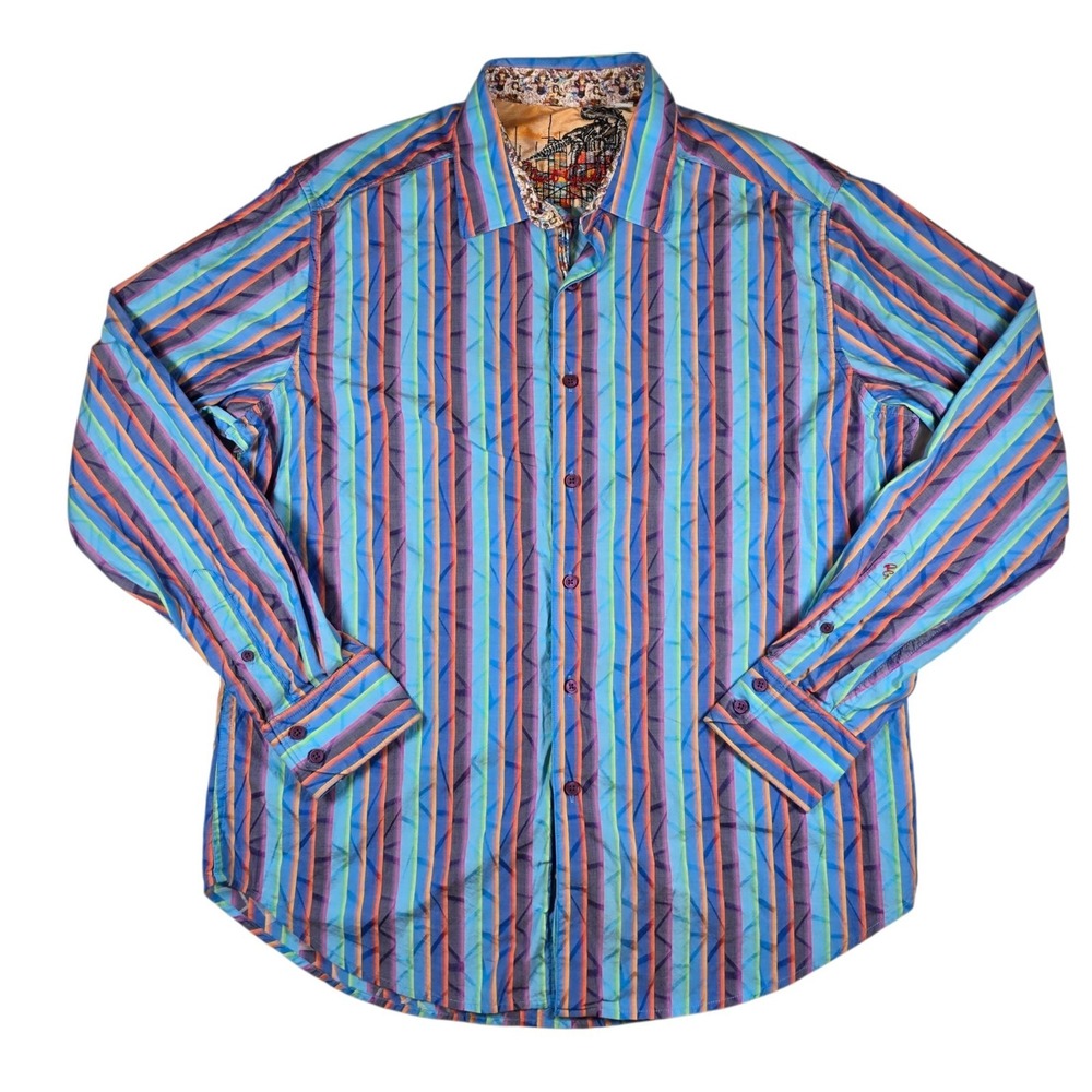 Robert Graham Blue Multicolor Stripe Geometric T-Rex Embroidered LS Shirt Mens L